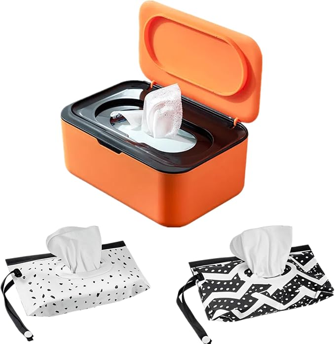 Wipes Dispenser Set,1 Wipe Box & 2 Portable Pouches,Orange-Black | Refillable Reusable Large Wet Wipe Holder, Flushable Wipes Case Bathroom Wipes Container for Pet Nursery Kitchen Office