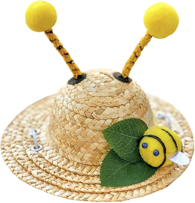 DOITOOL Creative Bee-Shaped Pet Straw Hat for Cats and Dogs, Summer Decorative Pet Hat Made of Wheat Straw, for Halloween Party and Holiday Costume Accessory