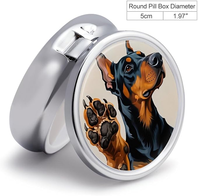 Doberman Paw Art Dog Metal Pill Organizer with Mirror, 3-Compartment Travel Pill Box, 2-Inch Round Pocket Medicine Case with Secure Latch, Portable Vitamin Holder for Women & Men