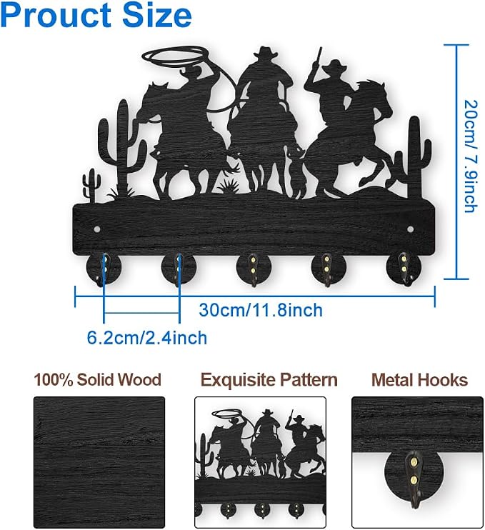 MAYJOYDIY Cowboy Horse Cactus Coat Hooks Wall Mount 11.8×7.9inch Desert Decorative Hooks Rack Wall Art Decor Black Wooden Western Cowboy Key Holder for Wall 5 Alloy Hooks for Kitchen Entryway Gifts