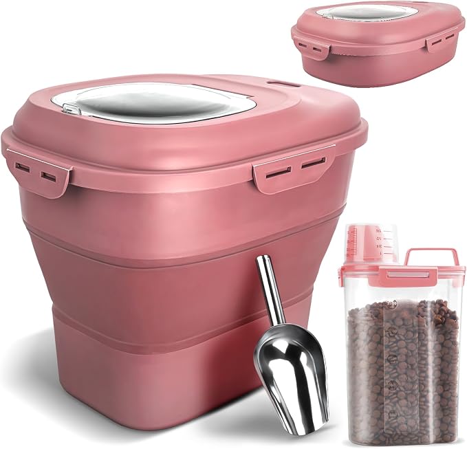 TIOVERY Dog Food Storage Container, Airtight Collapsible 13lb to 30lb Pet Food Container with Flip Top, Rolling Wheel, Scoop and a small container for Dog Cat Food and Dry Food of Rice, Flour
