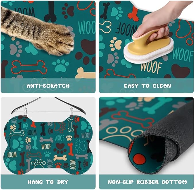 Dog Food Mats for Floors Waterproof, Pet Feeding Absorbent Water Bowl Mat Cat Placemats Green Bone Shape 19 * 12 inch
