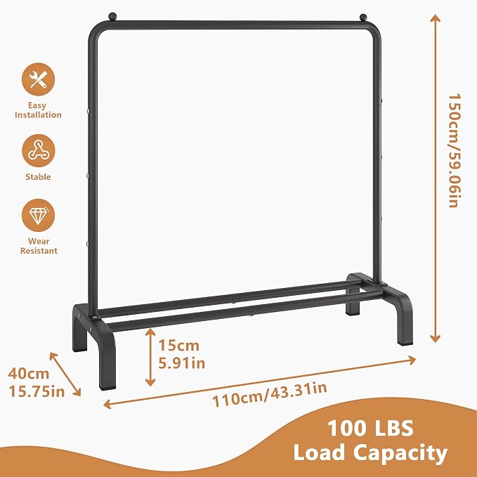 Metal Clothing Rack, 43.3 Inches Garment Rack with Bottom Shelf for Hanging Clothes, Coats, Skirts, Shirts, Sweaters, Black (Pack of 2)