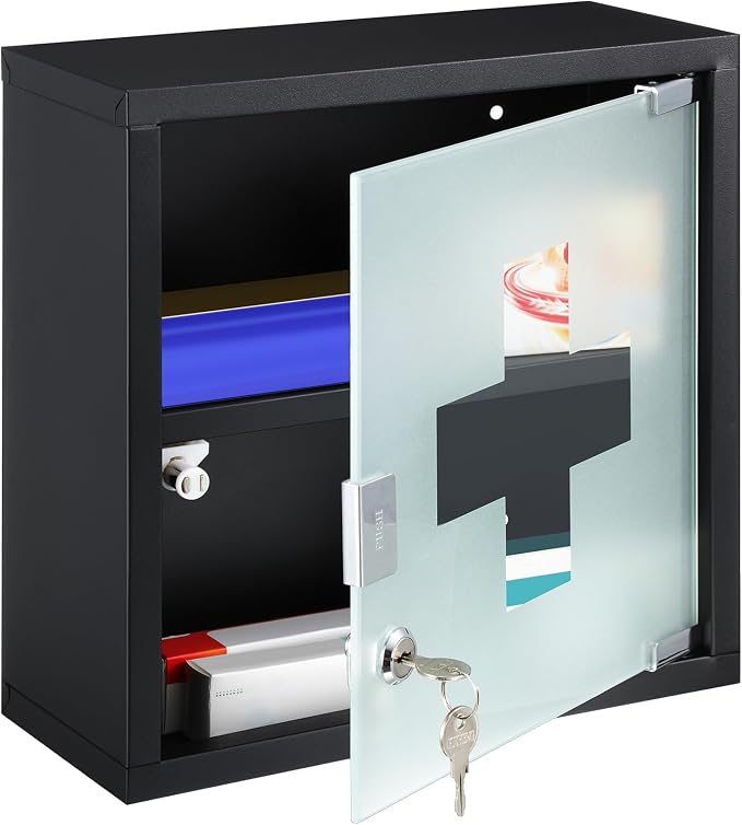 Timgle First Aid Wall Cabinet with Lock Medicine Wall Mounted Bathroom Storage Hanging Medical Cabinet with Safety Glass Door for Bathroom(2 Shelves,Black)