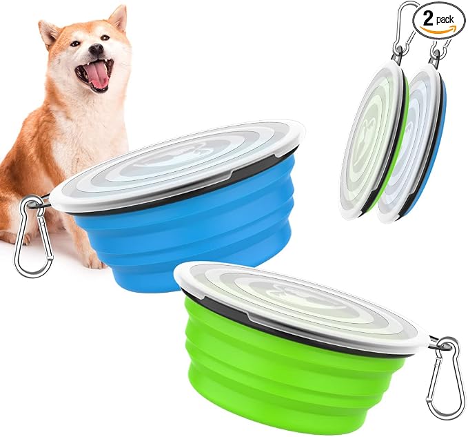 Pawaboo Silicone Collapsible Dog Bowls 2 Pack, Blue + Green, 5.1 x 3.5 x 2.1 in, 13 x 9 x 5.5 cm, Lid Included, Portable, Easy Cleanup, Suitable for Small to Medium Dogs | Feeding Watering Bowls for Dogs Cats, Collapsable Water Feeder Food Bowl for Wal...