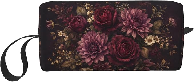 Burgundy Floral Small Makeup Bag, 600D Oxford Travel Pouch | Burgundy Floral Cosmetic Pouch with Double-Sided Print and Foam Padding for Women, Travel, Gym, Weekend Trips and Daily