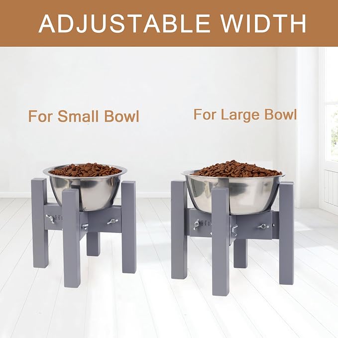 Elevated Dog Bowl Stand Adjustable Dog Food Holder 7”H Small Grey | 7” Elevated Dog Bowl Stand, Small Dogs, Adjustable, Fits 6”-8” Bowls, Single Bowl Holder, Natural Bamboo, Classic Grey