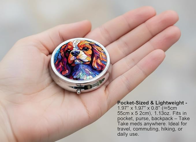 King Charles Cavalier Dogs Small Box for Pill,3 Compartment Pill Case Travel Medicine,Portable Pocket or Purse Pill Organizer Container Holder Hold Vitamins, Medication, Fish Oil Supplements