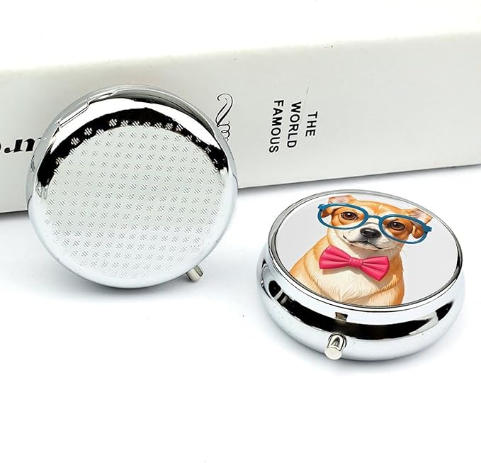 3 Compartment Medicine Pill Case, Pet Dog Soft Bow Tie, Oversized Glasses Round Pill Box, Portable Decorative Medicine Organizer for Pocket Or Purse Vitamin Organize