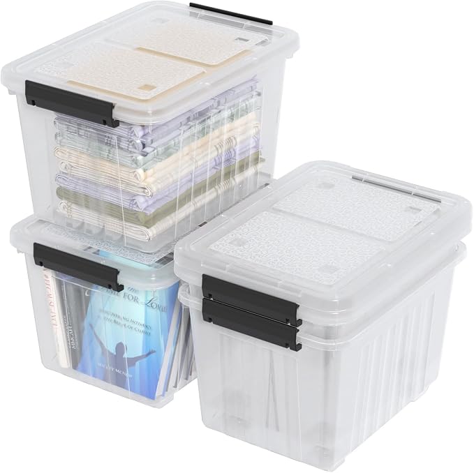 30 L Plastic Storage Bins with Wheels, Clear Latching Box, 4-Pack | with Dustproof Lid and Secure Latches, Rounded Corners Design
