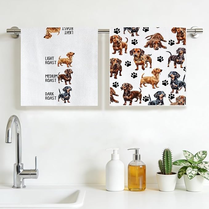 Funny Coffee Dachshund Waffle Weave Kitchen Towels, Quick Dry Multipurpose Hand Towels for Bathroom, Absorbent Reusable Cloth Tea Dish Towels for Home Decor, Dog Lover Gift Towel Set of 2