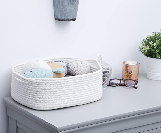 Woven Cotton Rope Storage Basket, Cube Changing Table Organizer for Closet Towels, Baby Nursery Bin, Small Dog Cat Toy Box, Gift Baskets empty (White)