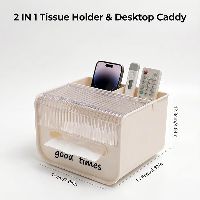 Tissue Box Cover with Storage Tray, Decorative Remote Organizer for Nightstand Bedroom Office Desk