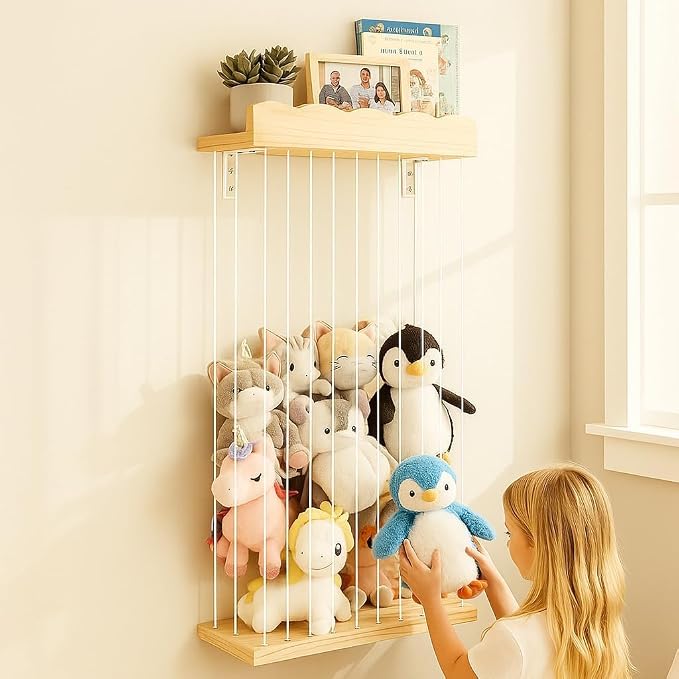 Adjustable Stuffed Animal Storage with Shelf (Patented) - Large Wooden Hanging Plush Toy Organizer - Corner Stuffy Animals Hammock Net Holder for Kids Room, Nursery, Bedroom