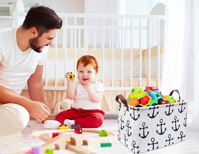 Kids Storage Basket Nautical Gift Basket Empty Boys Toy Storage Bin Organizer Box Rectangular Room Decor for Home,Books (Anchor)