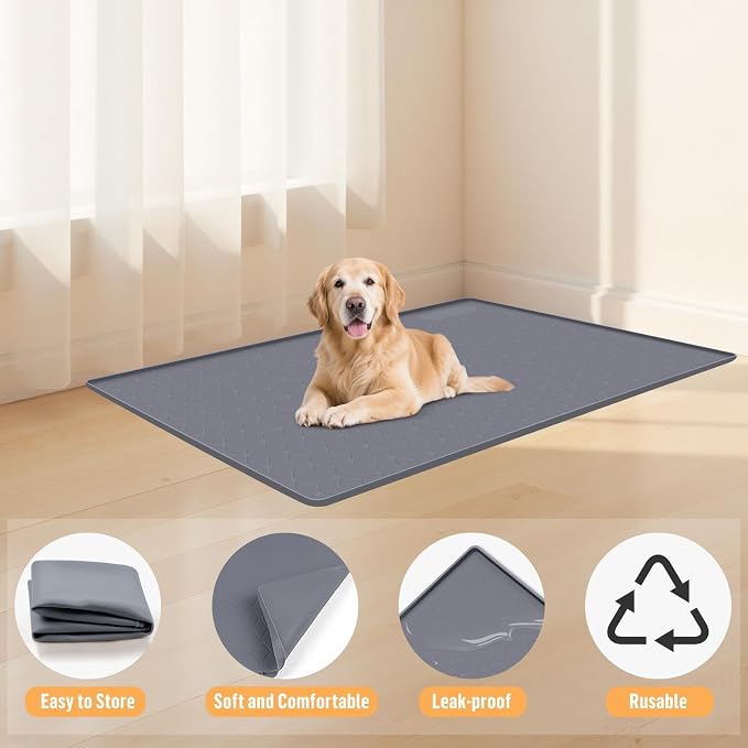 Silicone Dog Bed Mat 34"x 22" Crate Mat for Dog Cages, Dark Gray | Extra Large Kennel Mat with Raised Edge, Washable, Leakproof, Waterproof Dog Mat for Crate, Dog Floor Mat to Protect Floors