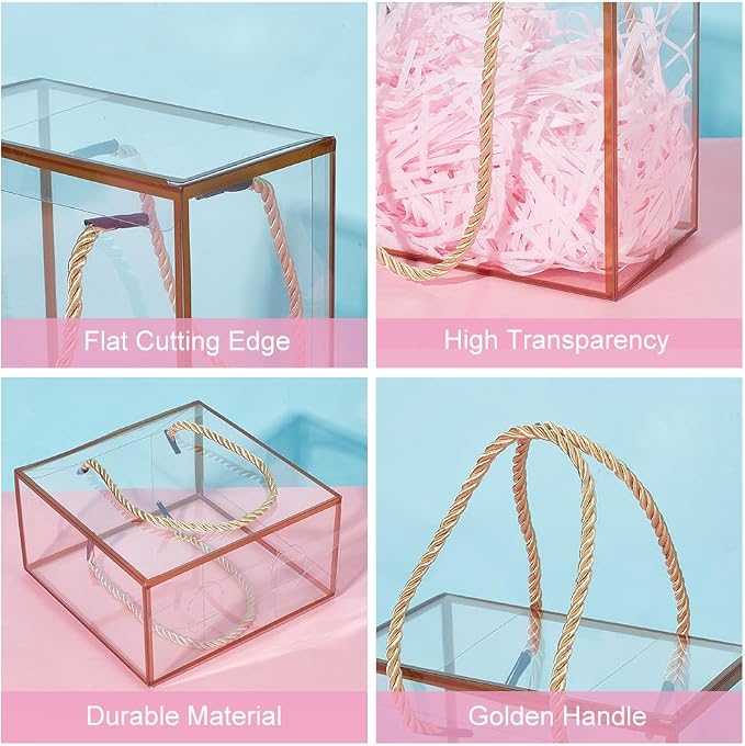 BENECREAT 20-Pack Transparent Favor Boxes, 5.5x5.5x3inch PET Plastic Gift Boxes with Gold Border, Durable Rectangle Party Box for Weddings Birthdays Parties