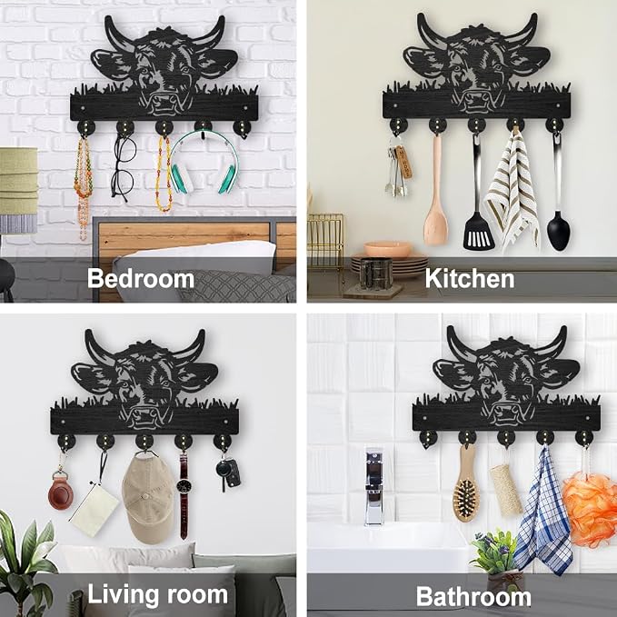 MAYJOYDIY Cow Coat Rack Wall Mount 11.8×7.9inch Wood Farm Animal Wall Art Decor Bull's Head Key Holder for Wall 5 Alloy Hooks Black Key Hanger Hat Towel Wall Hook for Entryway Living Room Bedroom Gift