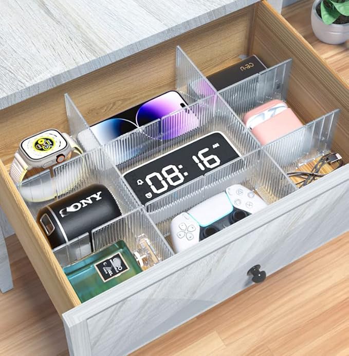8pcs DIY Plastic Drawer Organizer Adjustable Drawer Dividers for Home Tidy Closet, Socks, Underwear, office school supplies, kitchen utensil tools (Clear White)