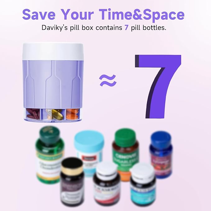 Daviky Pill Bottle Organizer, 7 Large Compartments, Travel Pill Dispenser | Seven large compartments organize daily pills, vitamins and supplements, with dual lids for convenient storage and travel
