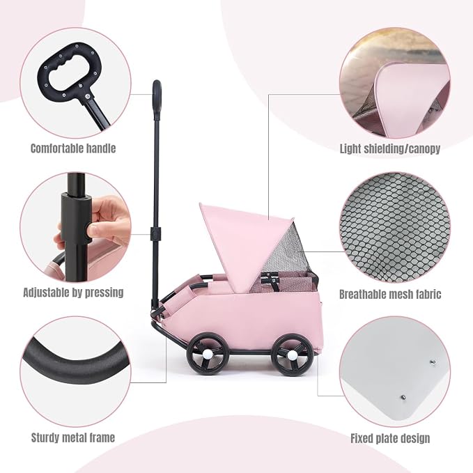 La La Pet 4-Wheel Dog Stroller with Sunshade Cover Collapsible Mesh Canopy Portable Pet Carrier for Outdoor Travel Shopping Walking Suitable for Small Dogs and Cats Pink