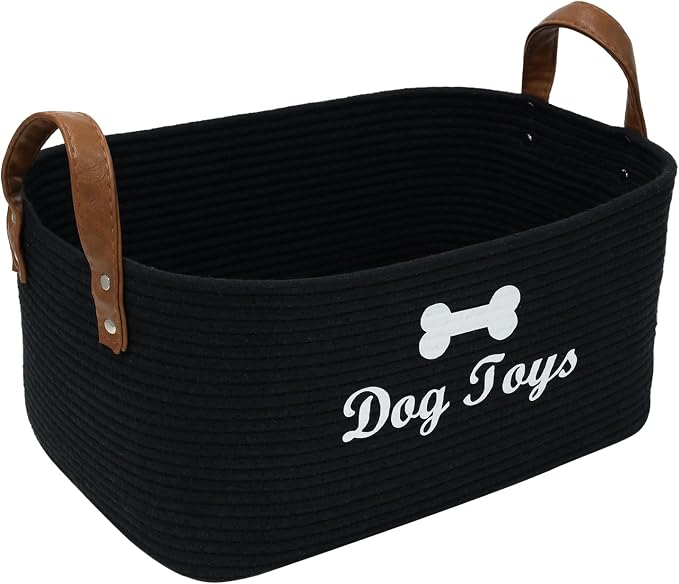 Large Dog Toy Basket, 100% Cotton Rope Dog Toy Storage Bin-Black | Dog Toy Box for Livingroom Area with Handle for organizing Pet toys,Blankets,Leashes,Pee Mats and Diapers-16.5"x10.6"x 7.5"