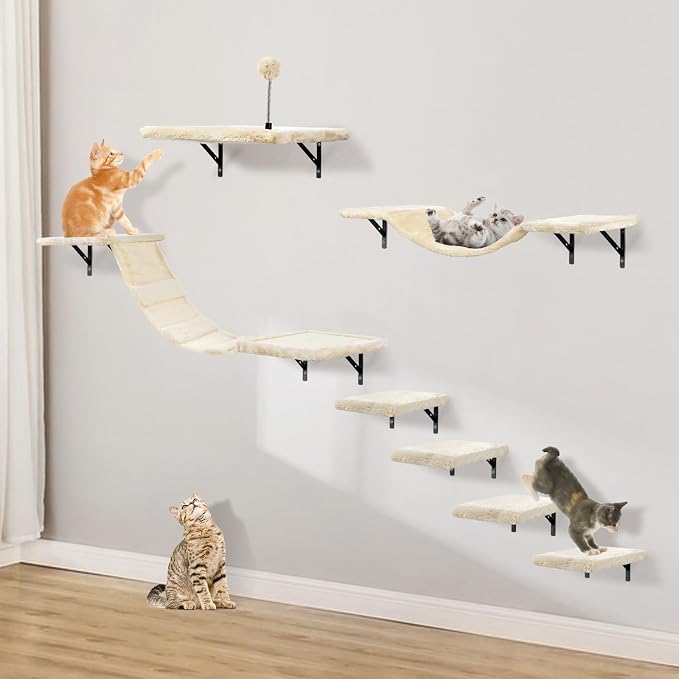 Cat Wall Shelves, Space-Saving Wall-Mounted Cat Climbing Set for Large Cats | Multi-Level Climbing System, Wall Furniture, Bed, Steps, Hammock, Wall Scratcher, Indoor Cat 40 lbs Small Place Corner Room