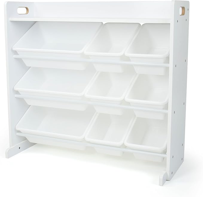Humble Crew Kids Toy Organizer with Display Shelf, 9 Bins, 3 Tier Storage | Sturdy wood and steel toddler shelf, removable BPA-free containers, wall anchor anti-tip safety kit for bedroom or classroom