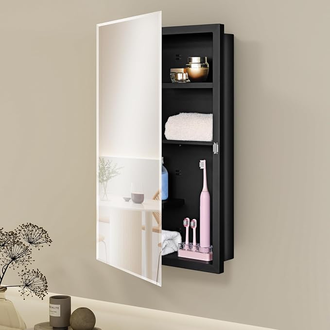 Black 16 x 26 Recessed Metal Medicine Cabinet With Mirror for Bathroom Wall | Black Bathroom Medicine Cabinet with Adjustable Staggered Shelves, Piano Hinge, Left/Right Swing & Matte Powder-Coated Finish