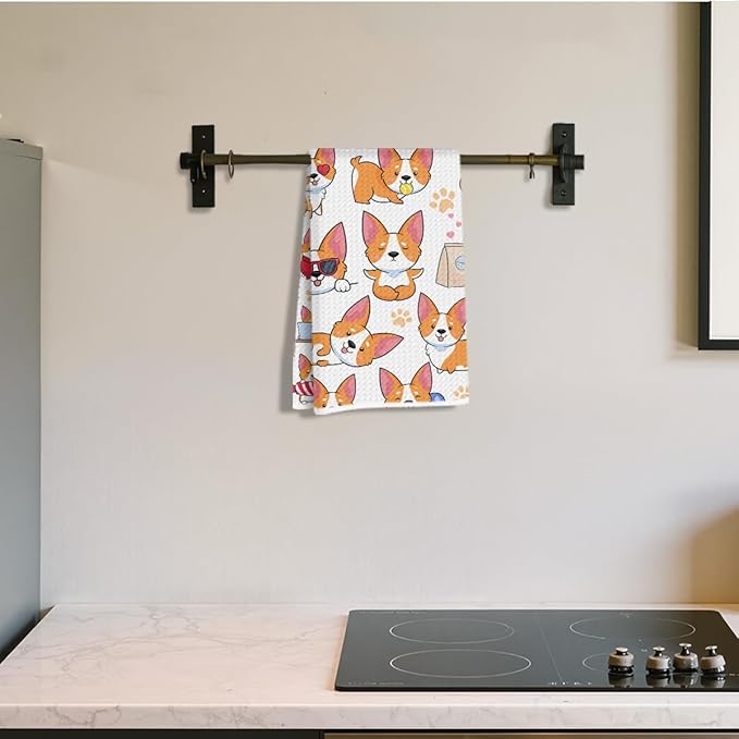 Hanamiya Na Cute Corgi Kitchen Towels 24x14 Inch, Corgis Decorative Reusable Dish Towels for Kitchen Bathroom Decor, Waffle Weave Hand Cloth Tea Towel, Corgi Gifts Gifts for Women Friend