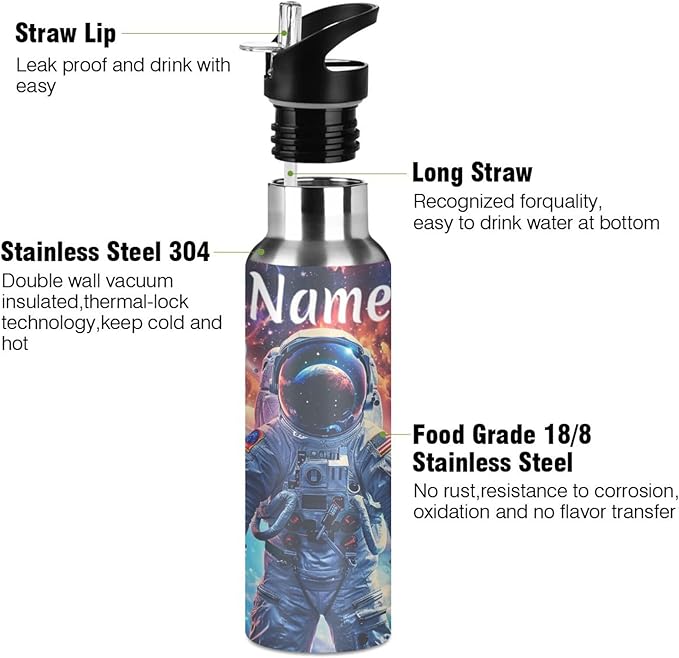Custom Name Astronaut Planets Galaxy Space Water Bottle with Straw Lid Kids Insulated Stainless Steel Water Flask Sports, 20 Oz Hot Cold