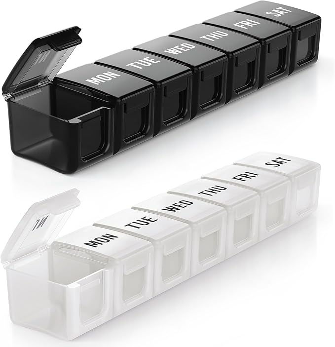 BUG HULL Weekly Pill Organizer Large 2 Packs, Extra Large Travel Pill Organizers, Pill Box 7 Day, Travel Pill Case, Medicine Pill Organizer for Vitamins, Supplements and Medications (Black+White)