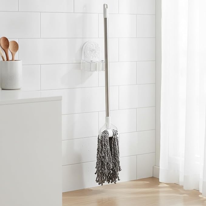 Clear Suction Cup Mop Holder, Drill-Free Wall Mount for Bathroom Tiles & Glass, Space-Saving Storage for Wet Mops and Brooms (1 Pack)