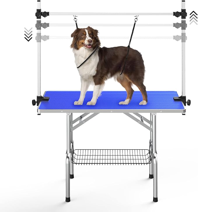 46'' Stainless Steel Pet Dog Grooming Table, Arm/Noose/Tray, Blue | Foldable Dog Grooming Table for Dogs at Home, Adjustable Height Arm, Non-Slip Waterproof Tabletop, Capacity 330Lb