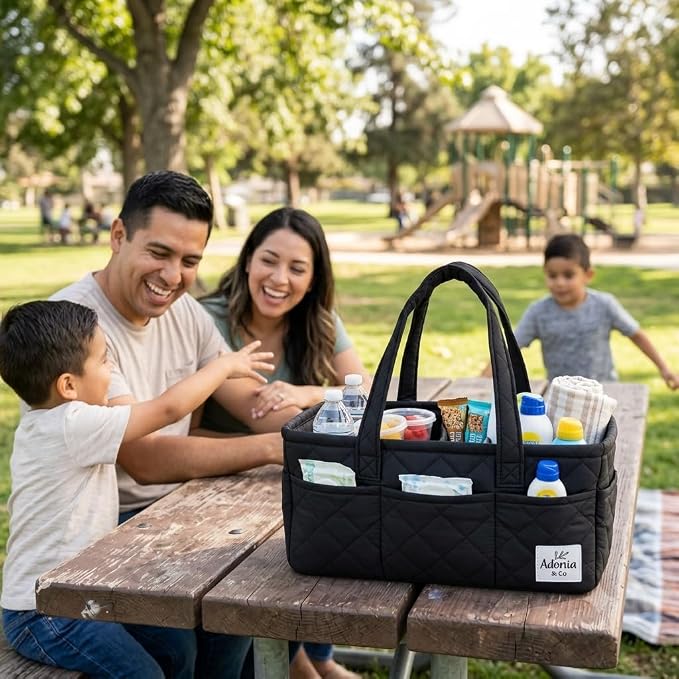 Adonia & Co Diaper Caddy Organizer – Baby Essentials Organizer, Large Nursery Storage Basket with Removable Divider, 8 Exterior Pockets, Portable, Machine Washable, Structured Design, Black