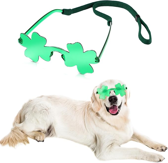 St. Patrick's Day Dog Sunglasses with Adjustable Strap, Green Shamrock Pet Glasses Accessory for Medium Large Dogs Cats, Irish Festival Parade Costume & Photo Prop(General)