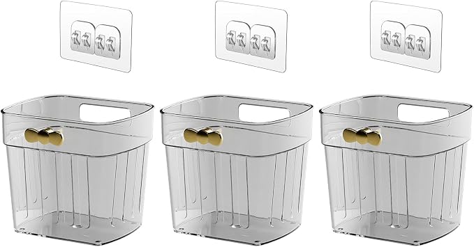 3 Pack Adhesive Cabinet Door Organizer, Kitchen Under Sink Organizer Caddy, Clear Plastic Storage Bins for Pantry Door, Wall Storage Basket, Hanging Makeup Organizer Floating Shelf for Bathroom