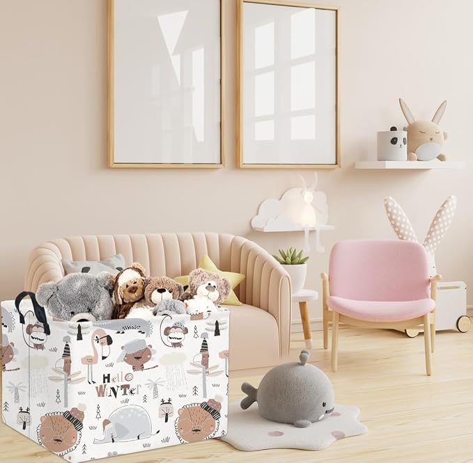 Rectangular Kids Storage Basket Baby Storage Basket Cute Kids Toy Storage Bin Organizer Shelf Book Room Decor(Winter Animal)