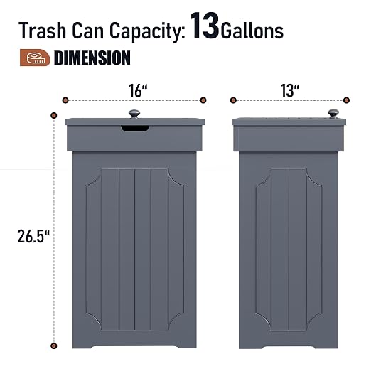 Function Home Trash Can Cabinet, 13 Gallon Kitchen Garbage Can, Wood Recycling Trash Bin, Freestanding Dog Proof Trash Can, Farmhouse Trash Cabinet with Lid for Home Kitchen Bathroom, Grey