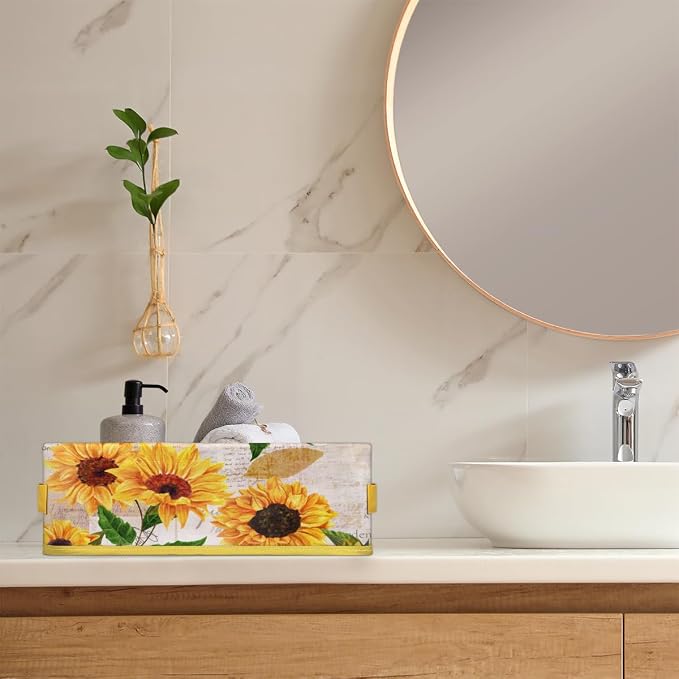 Sunflower Bright Letters Bathroom Storage Basket, Foldable with Handle Open Countertop Paper Towel Decorative Box, Toilet Tank Top Shelf Baskets for Home Closet Bedroom Living Room Office