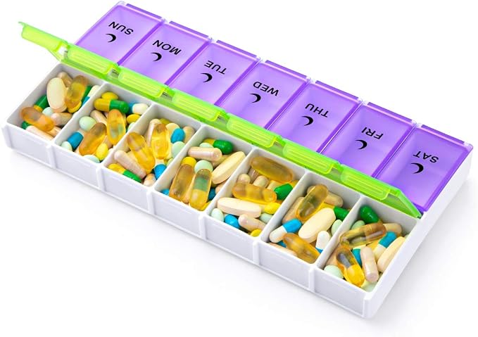DANYING Extra Large Pill Organizer 2 Times a Day, XL Weekly Pill Box, AM PM Pill Case, Pill Container 7 Day, Vitamin Case Twice a Day, Green & Purple