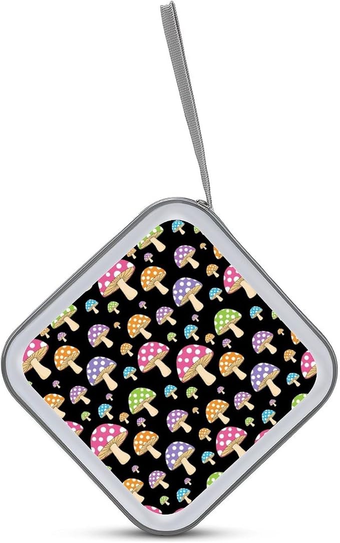 Hard Plastic 40-Disc Storage Binder Colorful Neon Mushroom, Protective CD/DVD Wallet with Zipper, Portable Organizer for Movies Music