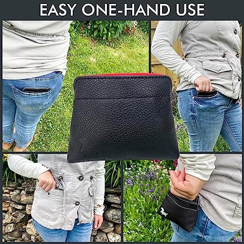 Small Dog Treat Pouch – Slim Vegan Leather Magnetic Pocket Dog Treat Bag for Walking & Training – Discreet Clip On Treat Pouch for Leash, Waistband or Pocket – Mess Free Storage (Black/Red)