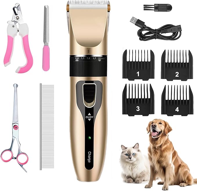 Dog Grooming Kit, Low Noise Professional Dog Grooming Clippers, Dog Hair Trimmer, Rechargeable Cordless Pet Hair Clippers Tools for Dogs Cats Pets