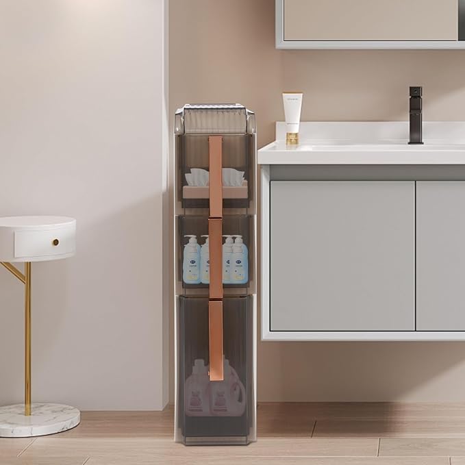 Storage Cabinet with 3 Drawers Slim Floor Standing PP Bathroom Organizer | Slim design fits tight corners – semi-transparent drawers protect from dust – 4 smooth-rolling wheels included