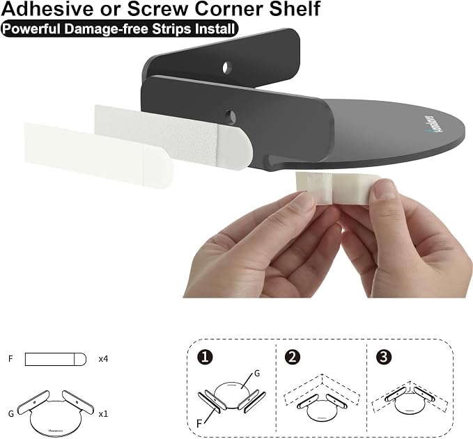 2 Pack Acrylic Mini Circular Corner Shelf Mount for Security Cameras, Baby Monitors, Plants & More, Universal Cam Holder, Easy to Install, Screwless with Damage-free Replacement Strips (Black)