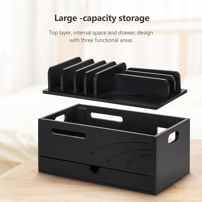 Homde Bamboo Charging Station Organizer: Charger Rack for Multiple Devices | Cable Cord Management Box with 6 Compartments and Drawer - Electronic Docking Stand for Chargers Phones Tablets (Black)