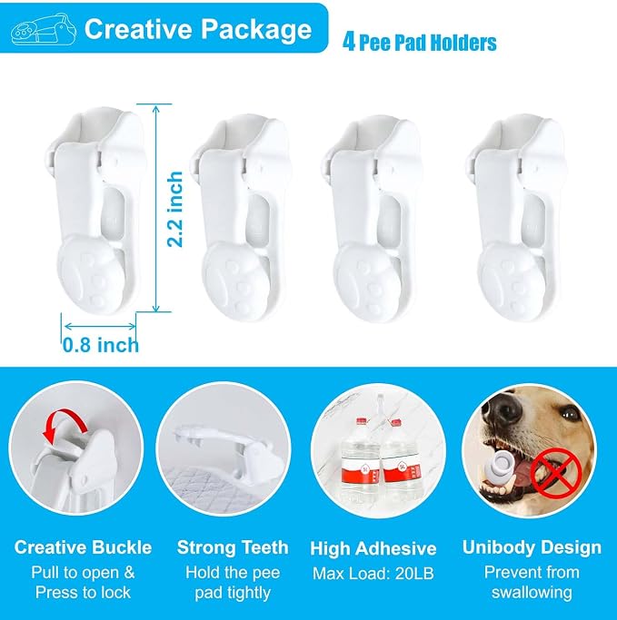 Dog Pee Pad Holders for Male Puppies, Potty Traning Pad Clips, White-4 Pack | Wall Clips for Male Dog or Leg-Lifting Puppy Indoor Toilet/Litter Box, for Small & Large Size Disposable/Reueable Wee Wee Pad