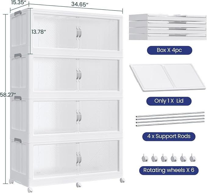240GAL Plastic Storage Bins with Lid, 960QT Extra Large Stackable Closet Organizers and Storage, Collapsible Storage Boxes with Wheels, Folding Cabinet for Home Kitchen Office, 4Pack White