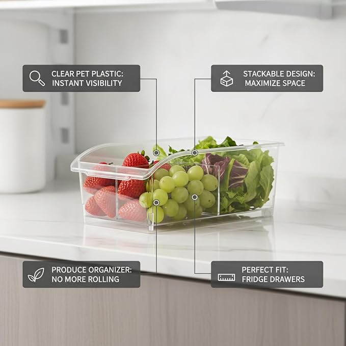 Clear PET Refrigerator Storage Bins - Stackable Produce Organizer for Fridge Drawers & Shelves, Durable Food Container (1 Pack)